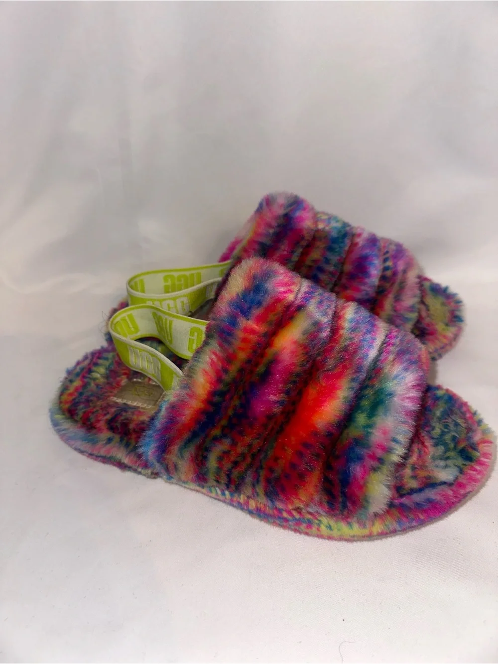 UGG Kids Neon Rainbow Fuzzy Slide Sandals in Multicolor